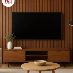 This is a classic and popular design for a TV accent wall. The vertical 5G fluted panels in a rich wood tone create a sense of height and sophistication, perfectly complementing the minimalist furniture.