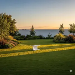 A minimalist lawn at sunset, showcasing the clean lines and open space of the garden design. The simplicity of the layout emphasizes the quality of the turf and the carefully chosen border plants.