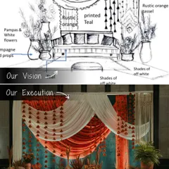 From our design sketch to the final setup, this is how we brought a Turkish-inspired Haldi stage to life. We used rustic orange and teal drapes, boho crochet curtains, and earthy props to match the vision.