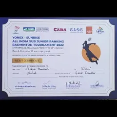 This merit certificate marks a major milestone. Our player Sneha Kumar secured a bronze medal at her first All India Sub Junior Ranking Badminton Tournament in Hyderabad for Girls Doubles U-13.