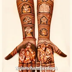 A design filled with blessings and rituals. The palms show the couple during the pheras and with their family, while the arms feature Lord Ganesha and sacred mantras.