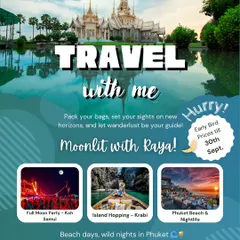 Your official invitation to travel with me. This poster captures the three core pillars of our Thailand trip: the unforgettable Full Moon Party in Koh Samui, scenic island hopping in Krabi, and the vibrant beach nightlife in Phuket.