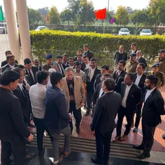 A wider view of the warm welcome for Justice Sandeep Mudgil by the members of the Nuh Bar Association. These interactions are vital for the smooth functioning of our judicial system.