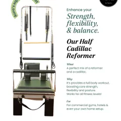 Our Half Cadillac Reformer is the perfect mix of a reformer and a cadillac. It provides a full body workout, boosting core strength, flexibility, and posture for all fitness levels. It's a key piece of equipment in our studio.