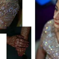A collage focusing on the beautiful details: the intricate beadwork on the bride's dress and the deep color of her henna-adorned hands.