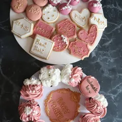 My "Baat Pakki" platters are a beautiful way to celebrate an engagement. This set features custom initial cookies, themed cupcakes, and elegant cake pops.