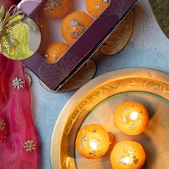 My Motichoor Ladoo candles are a bestseller every Diwali. They look just like the real sweet, complete with edible silver varq, and fill the room with a festive fragrance.