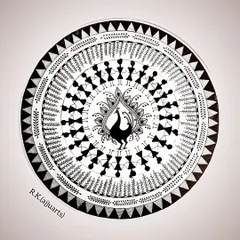 The full view of my circular Warli painting. This art form uses basic geometric shapes to create a beautiful narrative of social life, and I find the process of creating it very meditative.
