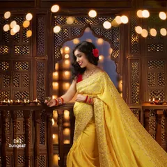 We created a festive atmosphere for this traditional maternity shoot, using diyas and warm bokeh lights to complement the client's vibrant yellow saree.