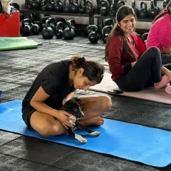 A quiet cuddle during a puppy yoga session. These interactions are so important for our pups to build trust with humans.
