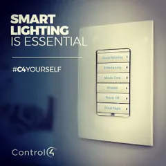 This Control4 keypad demonstrates the power of smart lighting scenes. With a single press, you can activate pre-set lighting configurations for different activities, such as "Entertaining," "Movie Time," or "Good Night," which adjusts multiple lights to the perfect levels.