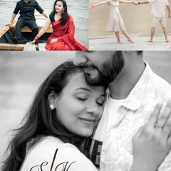 A lovely album page with a large, intimate black and white portrait combined with smaller color shots from a boat and beach session.