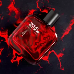 A dramatic and fiery visual for Wild Stone's Ultra Sensual perfume. The red and black abstract background evokes a sense of passion and intensity, perfectly matching the product's name and target audience.