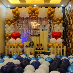 A full view of the romantic "Better Together" theme. The floor is covered in blue, white, and navy balloons, creating a dreamy, cloud-like effect that makes the entire room feel special.