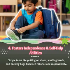 This infographic explains how simple tasks like tying shoes and packing bags foster independence and self-reliance in young children.