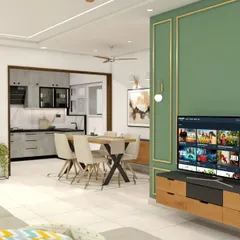 A 3D render illustrating how an open kitchen with grey cabinets can complement a living room with green and wood accents. This cohesive design ensures the entire living space feels connected and harmonious.