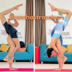 The Bramhastrasana is a complex standing arm balance that combines flexibility and strength. Here you can see two variations, showing the progression we work on.