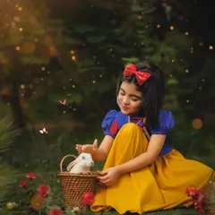 In a magical forest clearing, our Snow White gently pets a soft white bunny. I love incorporating live animals safely into shoots to bring an extra layer of wonder and authenticity.