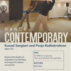This poster details our Contemporary Dance program. We invite you to explore the fluidity of expression by blending technical skill with creative movement, guided by our expert instructors.