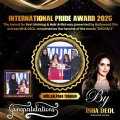 I was honored to receive the International Pride Award for Best Makeup & Hair Artist, presented by Bollywood actress Isha Deol. This recognition fuels my passion for teaching and maintaining the highest standards in beauty education.