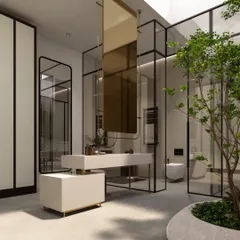 A different angle of the luxury bathroom, showing the floating vanity and a striking gold-tinted hanging mirror. The design plays with reflection, light, and transparency to create a layered and sophisticated interior.