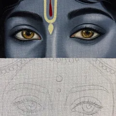 A still image of the half-finished Radha Krishna eyes painting.