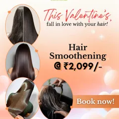 Fall in love with your hair with our special offers. This graphic shows our limited-time price for Hair Smoothening, because a smooth hair story is a real love story.