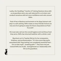 This review means the world. It highlights the results of my program, from improved hygiene and a shinier coat for Shifu to building confidence in his guardians. We are so proud of their journey together.