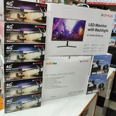 This is a full system package from CP Plus, including 4G bullet cameras, a Network Video Recorder (NVR), and a 22-inch LED monitor for viewing the feeds.