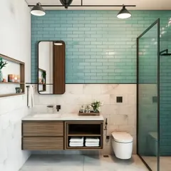 A bathroom with a mix of textures, featuring a floating wood vanity, a marble-tiled wall, and a striking turquoise subway tile accent. The design is fresh, modern, and unique.
