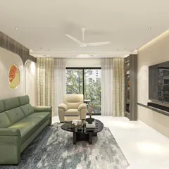 A render focusing on the living area, highlighting the TV placement, the abstract rug, and the natural light from the large window.
