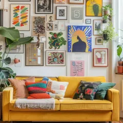 Make a bold statement with an Artsy Eclectic gallery wall. A vibrant mix of colorful prints, varied frame styles, and unconventional art pieces turns the wall above your sofa into a dynamic and creative centerpiece.