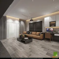 With the screen retracted, the room returns to its primary function as a comfortable living and work area. The ceiling-mounted projector is discreet, and the blackout blinds ensure perfect viewing conditions when needed.