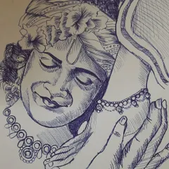 A simple yet emotional ballpoint pen drawing of Lord Krishna holding Radha's feet. This type of sketch allows me to express devotion in a quick and personal way.