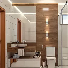 A clean and bright bathroom design using white tiles and warm wood finishes. The wall-mounted vanity and glass shower partition make the space feel open and uncluttered.