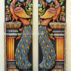 This pair of 3-foot vertical panels features peacocks on pillars, painted in vibrant, contrasting colors. They are designed to be hung as a mirrored pair, creating a stunning decorative statement.