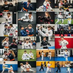 This collage highlights the energy and focus of my kids' martial arts, gymnastics, and cardio programs. It shows the variety of skills young students learn, from kicks and punches to grappling.