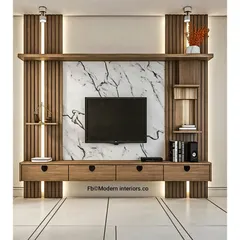 I love the drama of this design. The combination of a white marble-patterned back panel with fluted wood accents creates a sophisticated and luxurious feel. The floating console with handleless drawers maintains a clean, minimalist aesthetic.