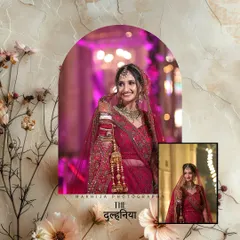 Capturing the essence of "The Dulhaniya". This portrait of Pooja, with a soft, floral frame and beautiful lighting, highlights her joyful smile and stunning bridal look.
