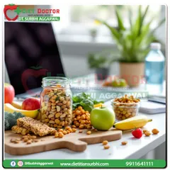 Keeping healthy snacks like nuts, fruits, and roasted chickpeas at your desk is a simple strategy to avoid unhealthy cravings and maintain energy levels during a busy workday.