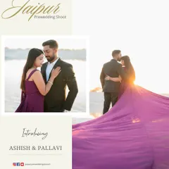 A branded image for Ashish and Pallavi, showcasing the stunning visual of the purple gown against the golden sunset, a perfect example of our dramatic landscape photography.