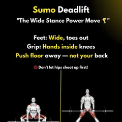 The Sumo Deadlift is a power move that utilizes a wide stance with toes pointed out. The key is to keep your hands inside your knees and focus on pushing the floor away, not pulling with your back.