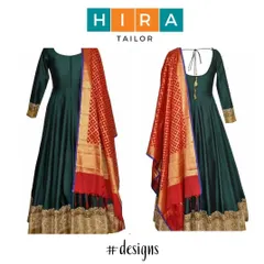 This shows the front and back of a classic Anarkali suit I tailored. The deep green fabric is paired with a contrasting red Banarasi dupatta, and I ensured a clean finish with a simple tie-back detail for a perfect fit.