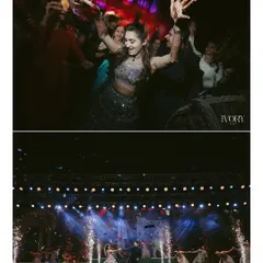 The energy of the dance floor is contagious. We capture the bride's uninhibited joy as she dances the night away, alongside a shot of the couple's spectacular stage performance.