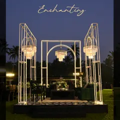 The right lighting can transform any space. For this Sangeet in Goa, I designed this enchanting stage with grand chandeliers to create a dramatic, starry-night effect. This is how I make even a simple lawn feel like a fairytale.
