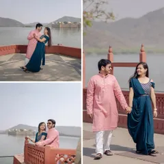 This collage shows a couple enjoying a lakeside shoot near Jal Mahal. Dressed in traditional Indian attire, they share a romantic walk and quiet moments against the scenic Aravalli hills.