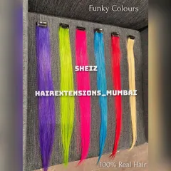 Our range of funky colored clip-in strands. Available in purple, green, pink, blue, red, and blonde, these are perfect for a temporary, bold statement.