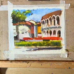 Another shot of the Verona painting in progress. Working on linen provides a beautiful texture for the oil paints.