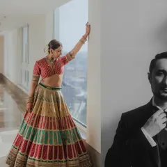 A stylish split-frame shot of the bride in her colorful lehenga and the groom in his sharp tuxedo. This modern composition was captured at their beautiful Mumbai wedding.