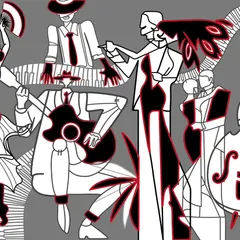 The initial black, white, and red sketch for the 'Lost in the Rhythm' installation, showing the conceptual design before it was brought to life in full color.